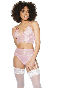 Coquette Crystal Pink Eyelash Lace Longline Bra, Garter Belt & Panty Set Pink
