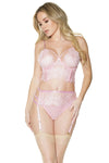 Coquette Crystal Pink Eyelash Lace Longline Bra, Garter Belt & Panty Set Pink