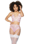 Coquette Crystal Pink Eyelash Lace Longline Bra, Garter Belt & Panty Set Pink