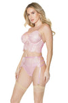 Coquette Crystal Pink Eyelash Lace Longline Bra, Garter Belt & Panty Set Pink
