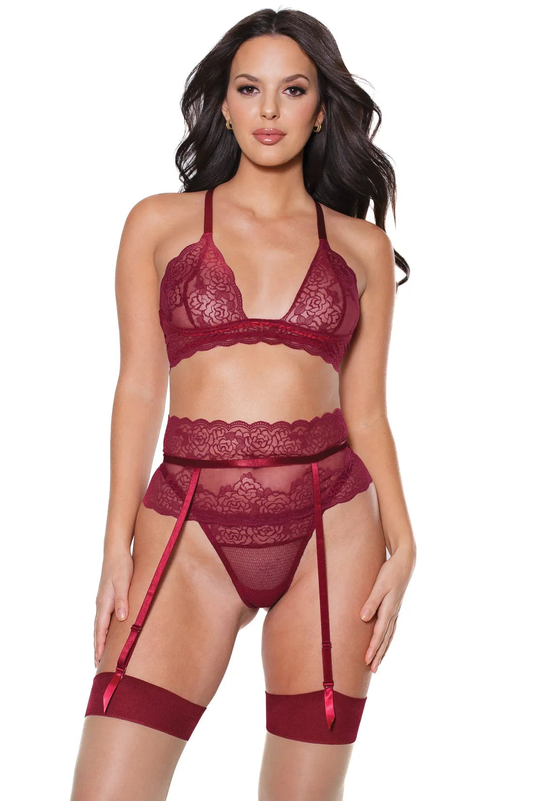 Coquette Gartered Bra Set Floral Stretch Lace Merlot-Rebel Romance