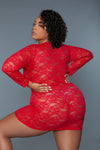 BeWicked Plus Size Queen Lynn Chemise Long Sleeve Red Lace