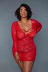 BeWicked Plus Size Queen Lynn Chemise Long Sleeve Red Lace