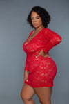 BeWicked Plus Size Queen Lynn Chemise Long Sleeve Red Lace