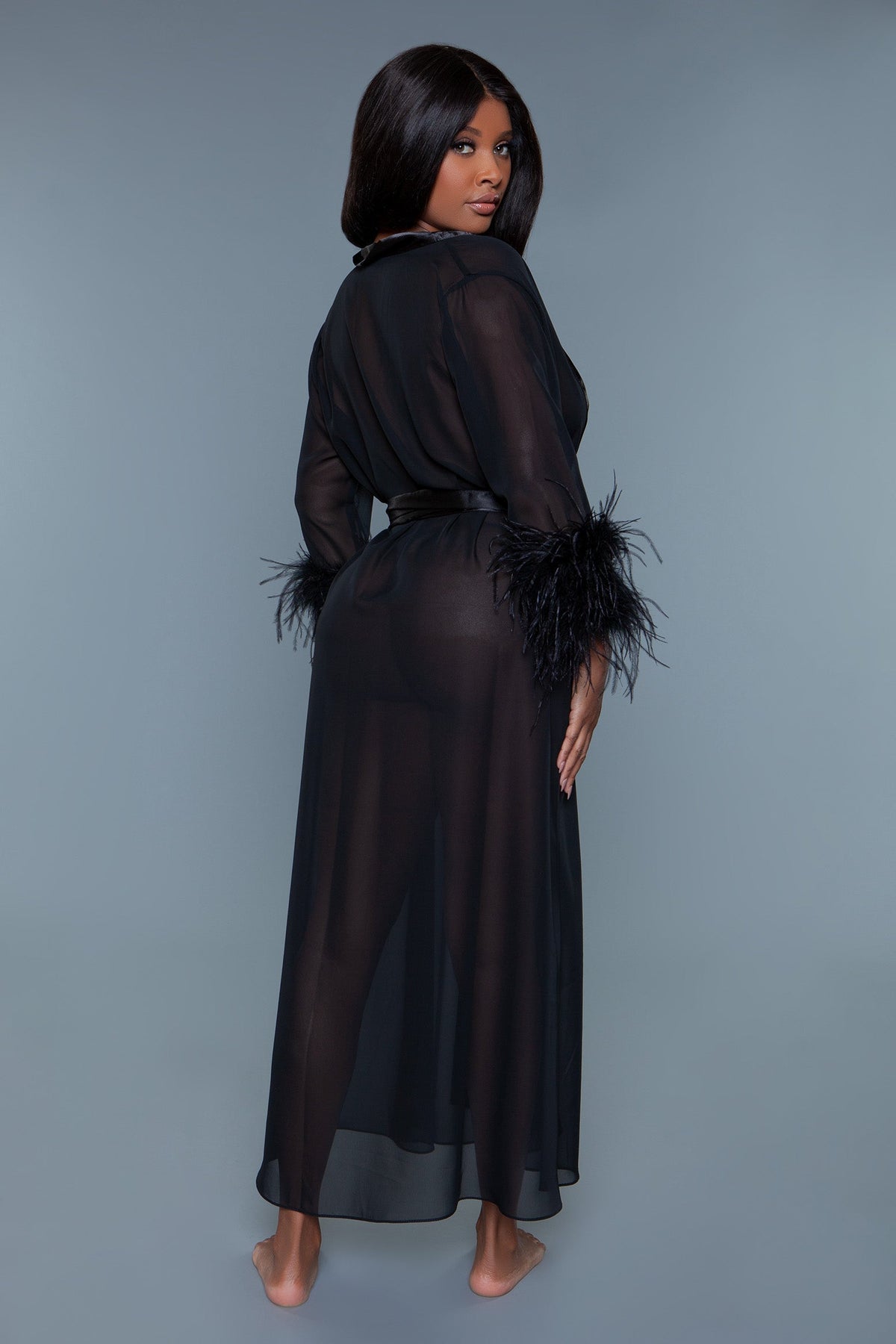 BeWicked Sahar Sheer Full Length Robe With Ostrich Feather Trim Black