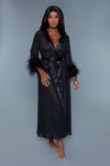 BeWicked Sahar Sheer Full Length Robe With Ostrich Feather Trim Black