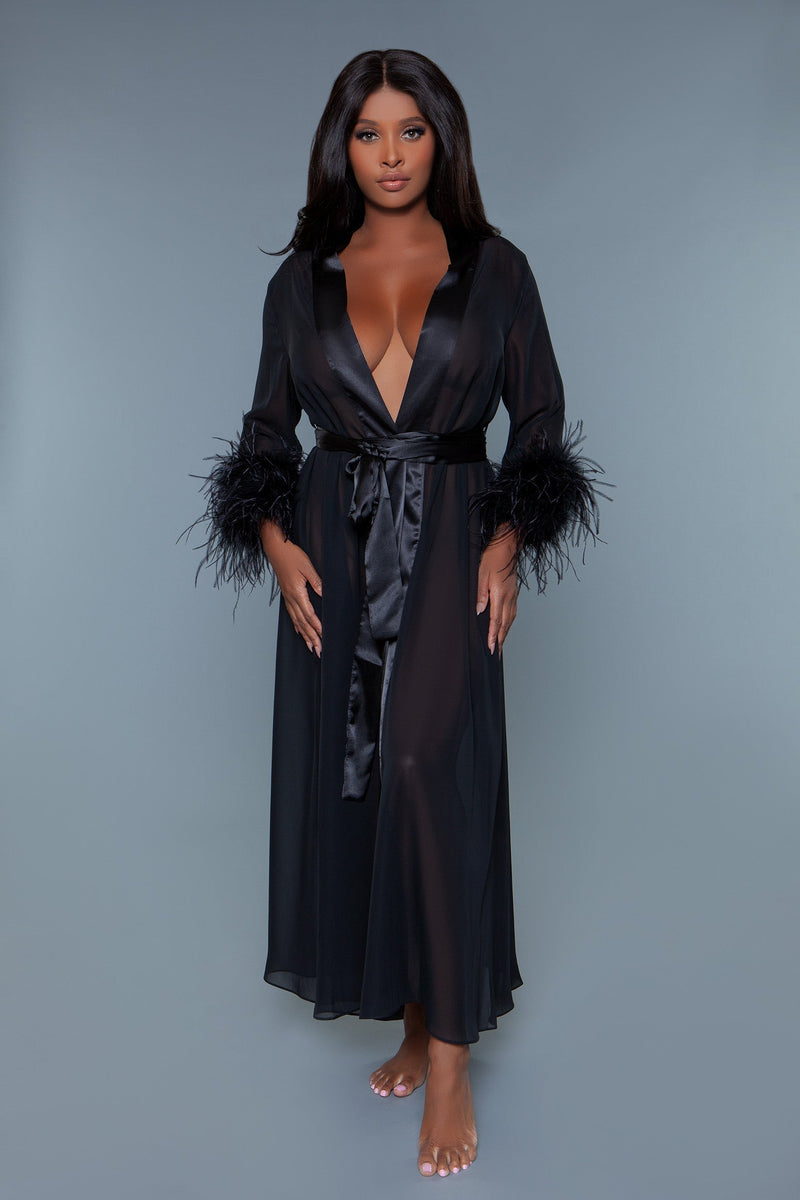 BeWicked Sahar Sheer Full Length Robe With Ostrich Feather Trim Black