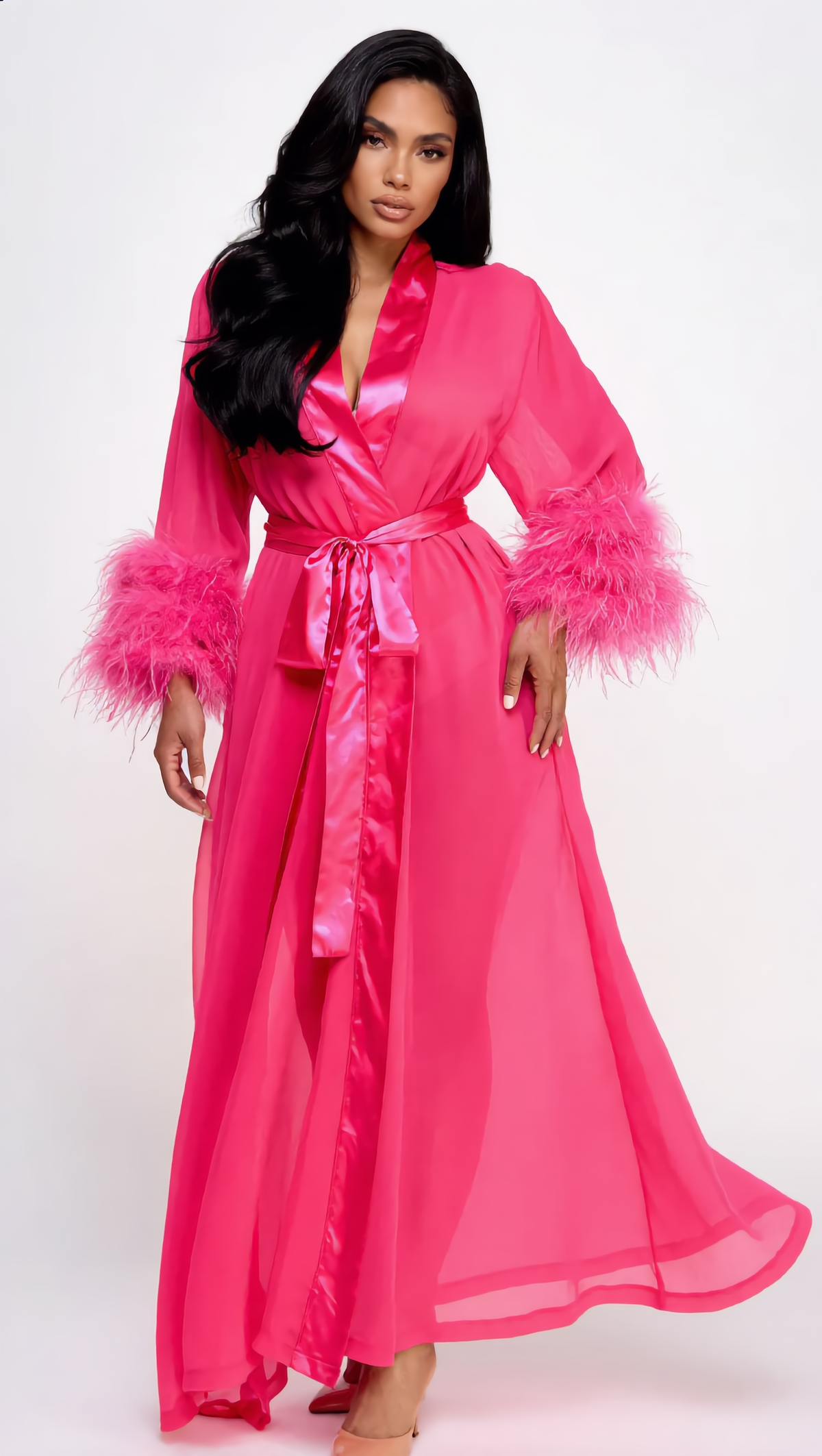 Be Wicked Sahar Chiffon Feather Robe Hot Pink