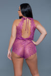 BeWicked Eyelash Lace Plunging Reagan Romper Burgundy