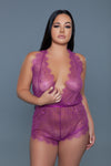 BeWicked Eyelash Lace Plunging Reagan Romper Burgundy
