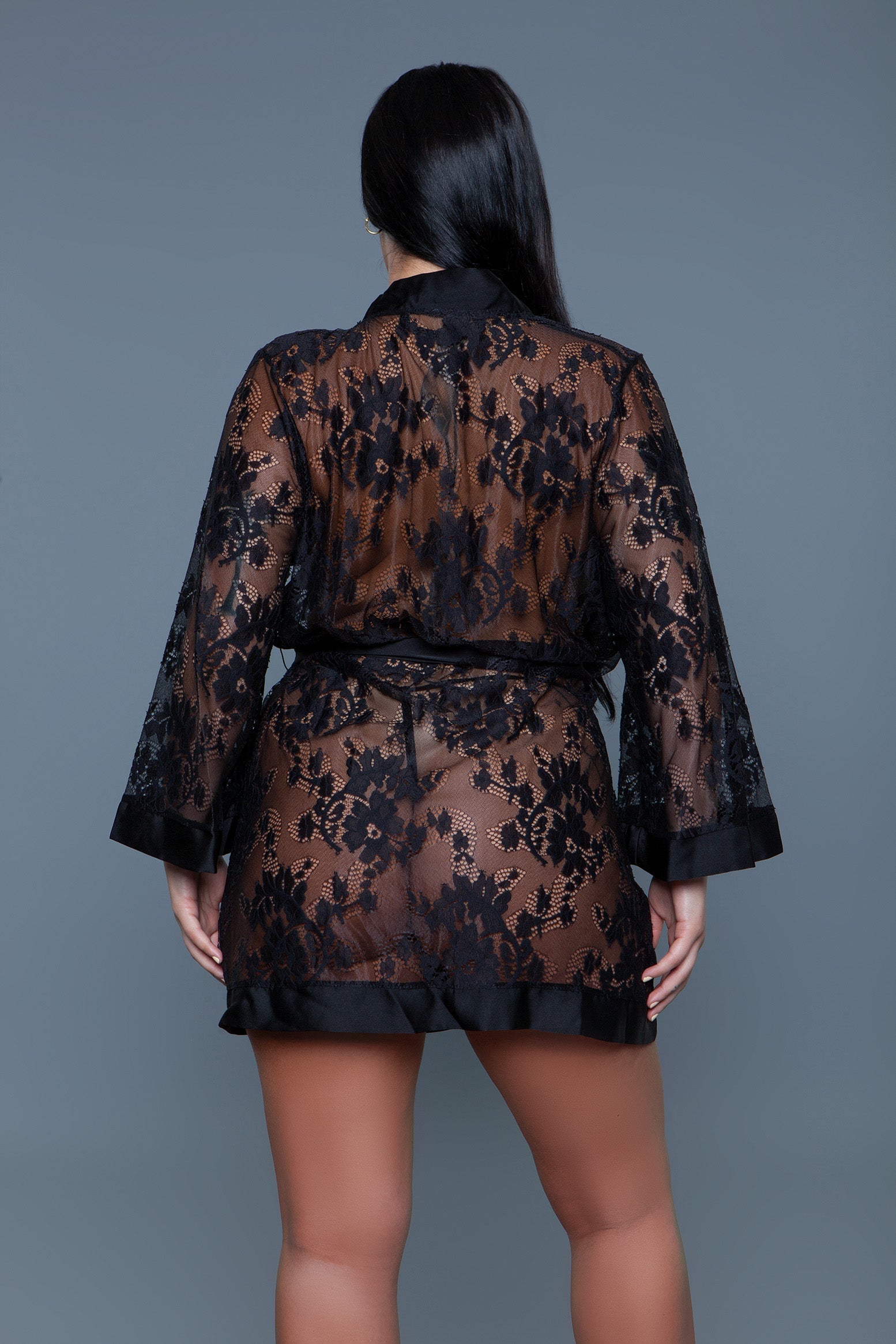 BeWicked Floral Lace Delia Robe Satin Trim Black