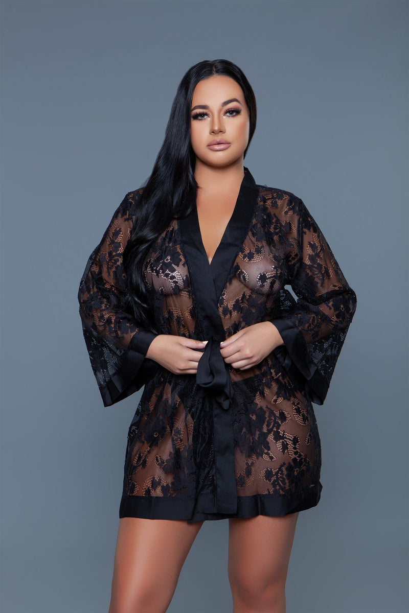 BeWicked Floral Lace Delia Robe Satin Trim Black