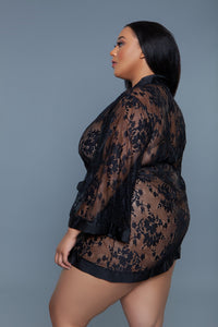 BeWicked Floral Lace Delia Robe Satin Trim Black