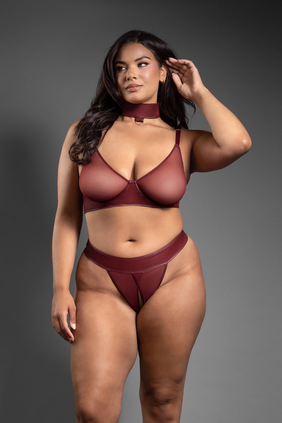 Fantasy Lingerie Queen Domina Embossed Faux Leather Sheer Bra Set Burgundy