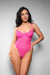 Juliette Lace Striped Mesh Crotchless Teddy Neon Pink