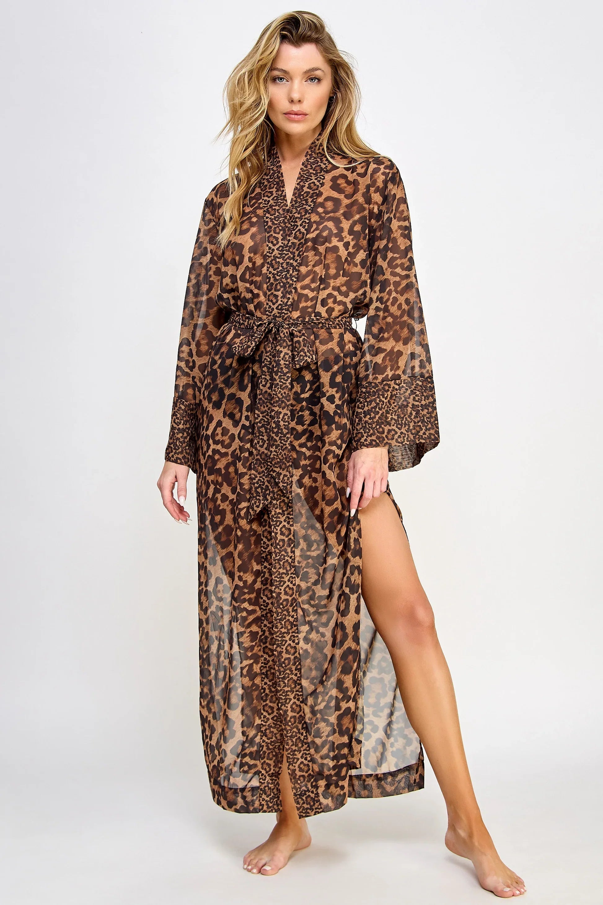 Juliana Long Robe Sheer Chiffon Leopard Print