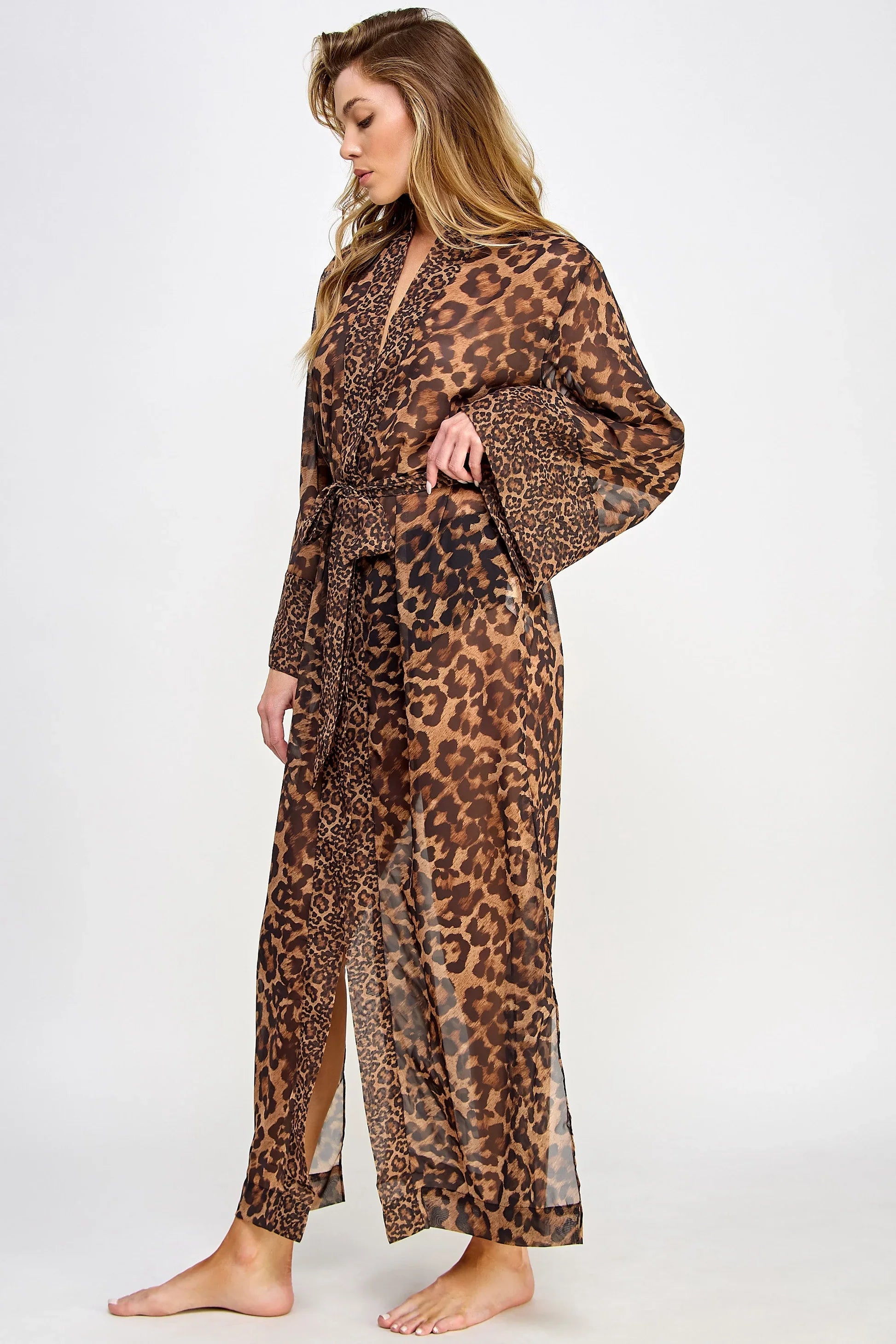 Juliana Long Robe Sheer Chiffon Leopard Print