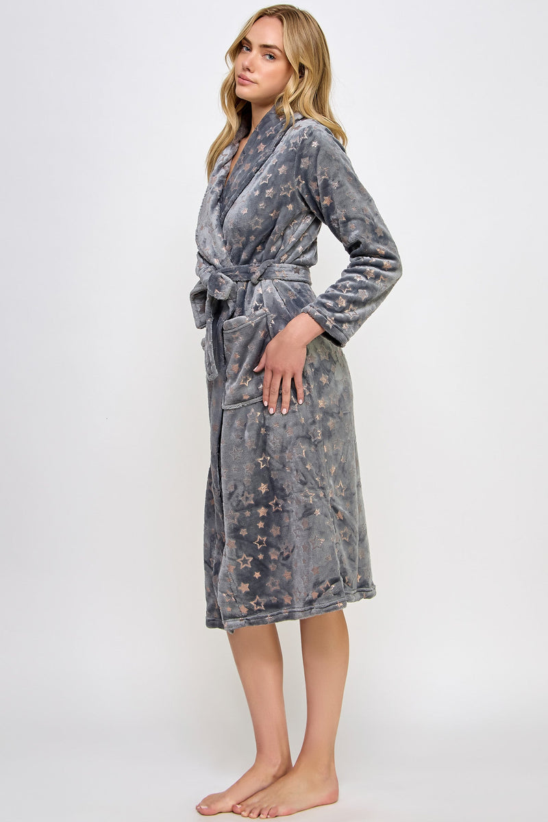 Metallic Stars Plush Estelle Robe Gray