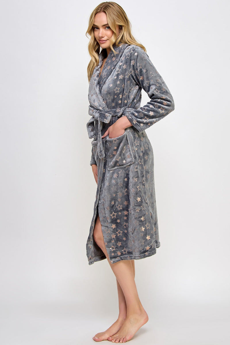 Metallic Stars Plush Estelle Robe Gray