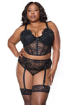 Queen Sexy Lace Padded Underwire Cups Cropped Bustier Set Black