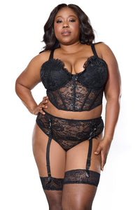 Queen Sexy Lace Padded Underwire Cups Cropped Bustier Set Black