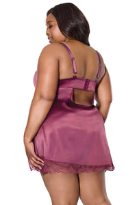 Sexy Lace Stretch Satin Side Slit Chemise Plum
