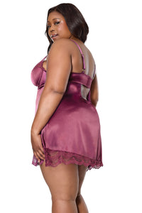 Queen Sexy Lace Stretch Satin Side Slit Chemise Plum