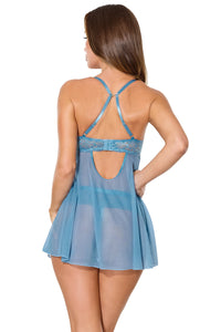 Coquette Sexy Sheer Mesh Underwire Lace Cups Babydoll Blue