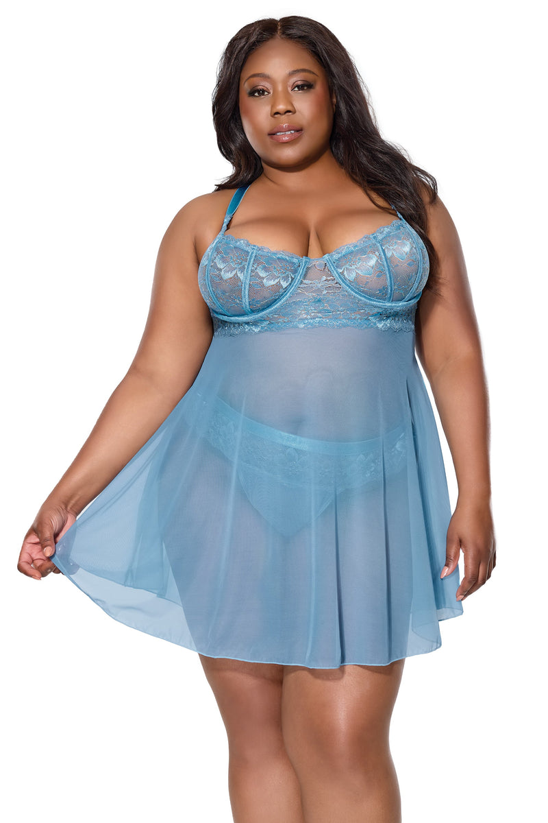 Queen Sexy Sheer Mesh Underwire Lace Cups Babydoll Blue
