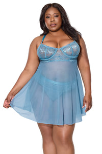 Sexy Sheer Mesh Underwire Lace Cups Babydoll Blue