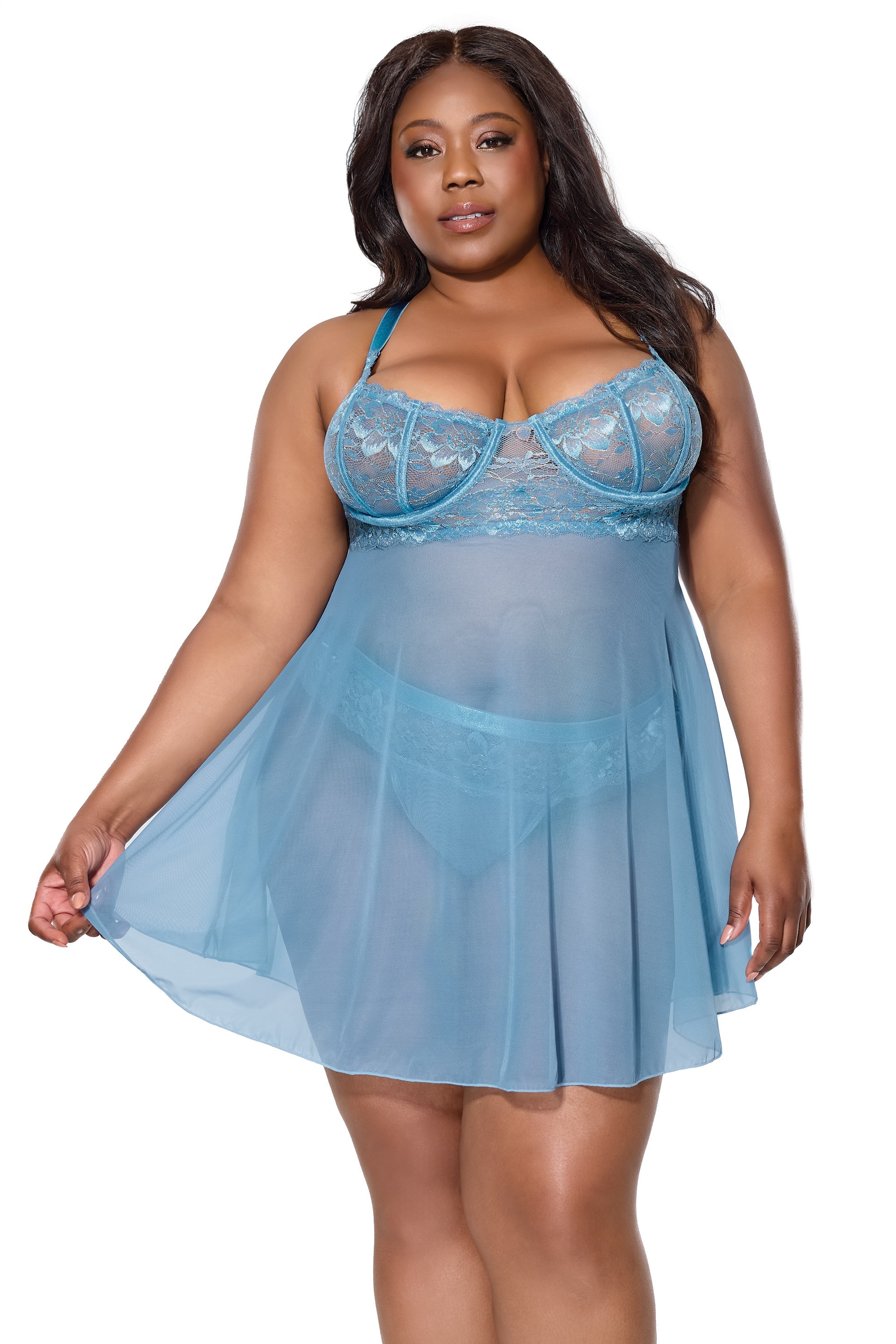 Sexy Sheer Mesh Underwire Lace Cups Babydoll Blue