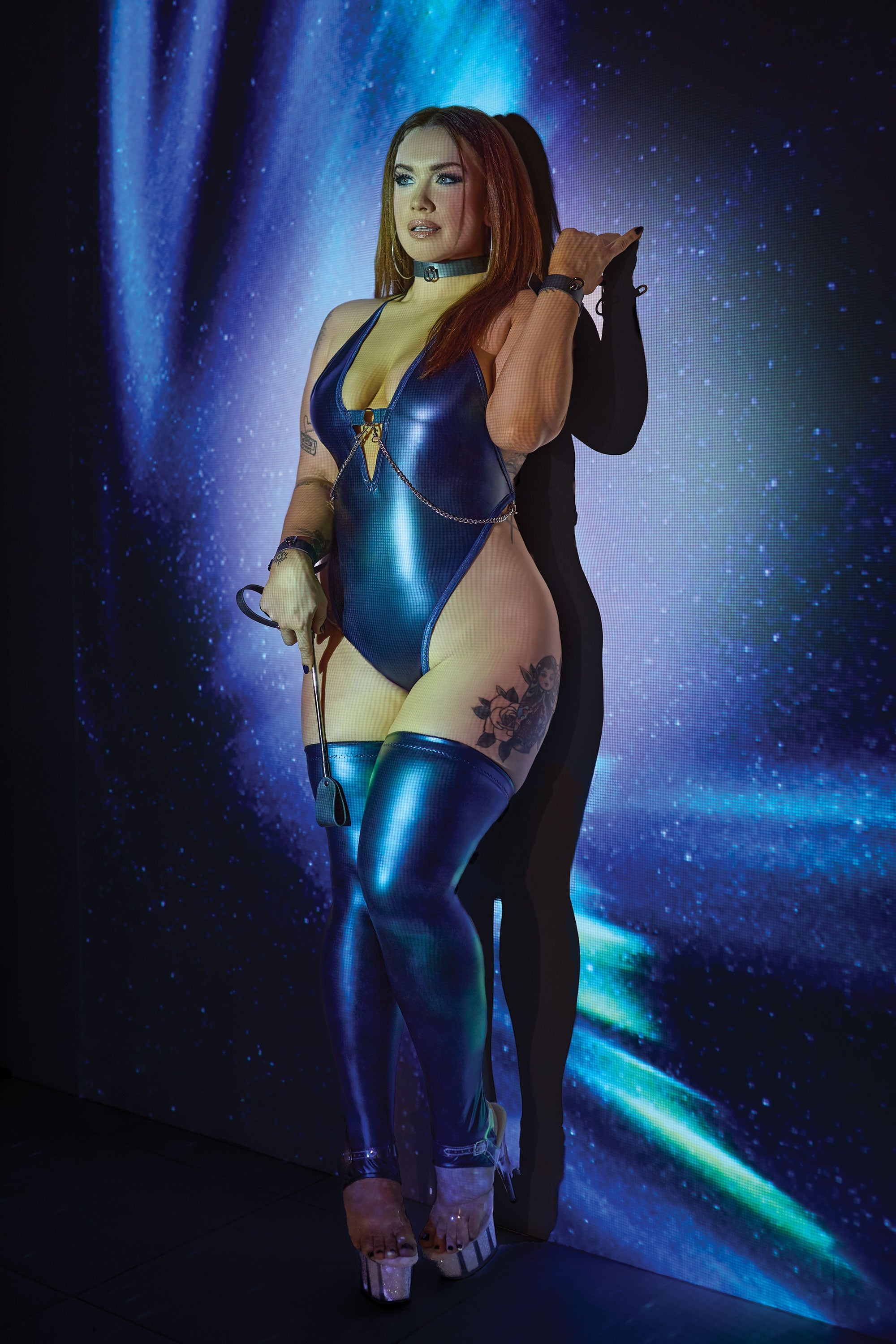 Darque Blue Metallic Plunging Halter Chain Teddy