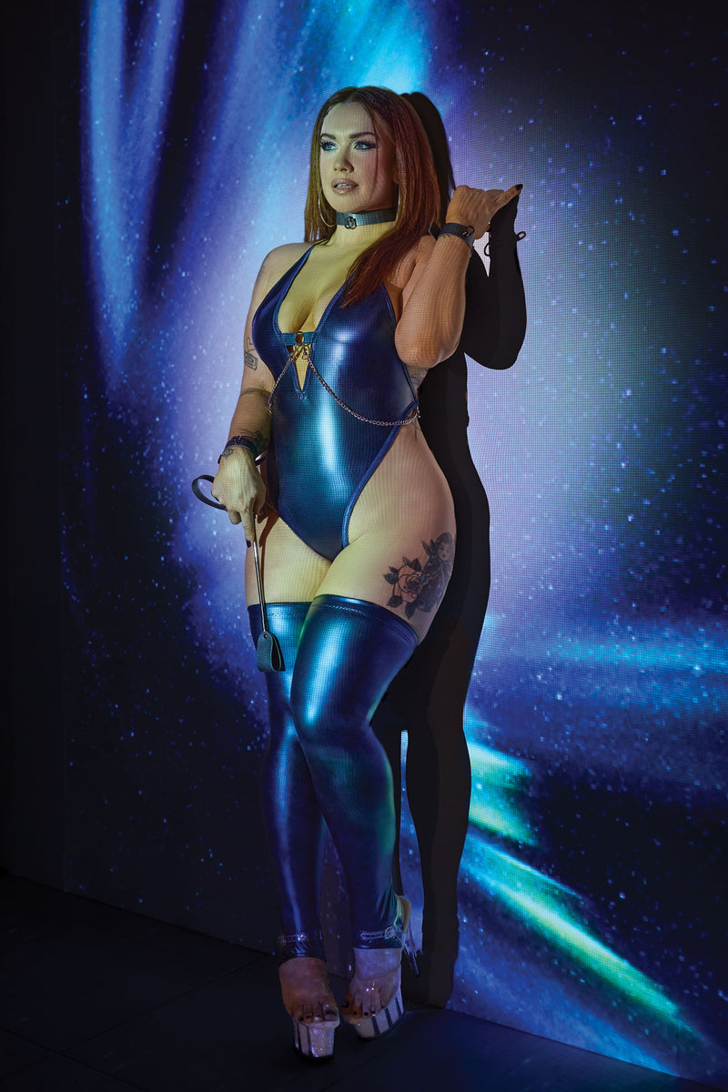 Darque Blue Metallic Plunging Halter Chain Teddy