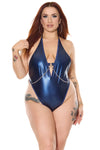 Darque Blue Metallic Plunging Halter Chain Teddy