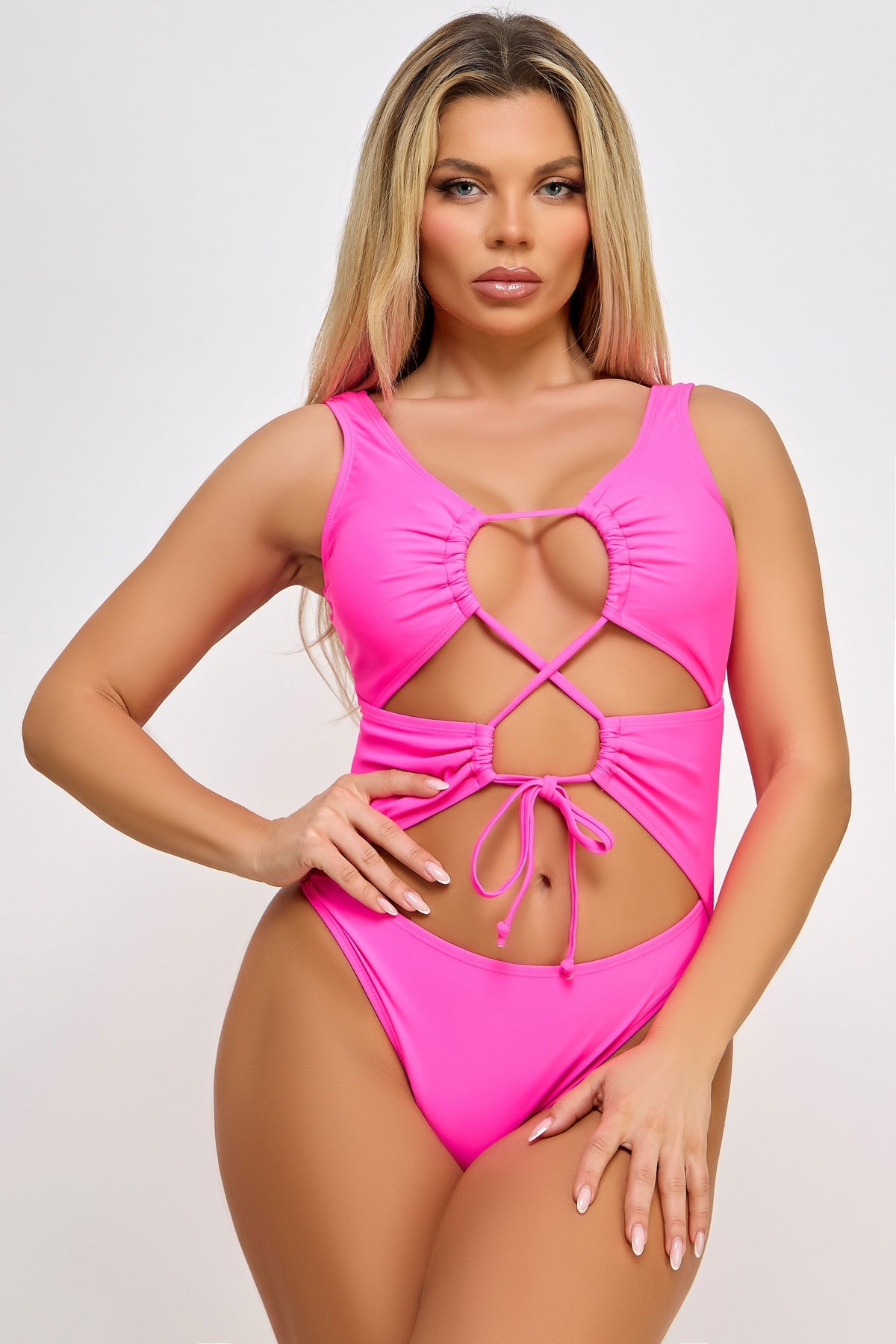 BeWicked Swimwear Valery Swimsuit Padded Modern Lace Up Hot Pink