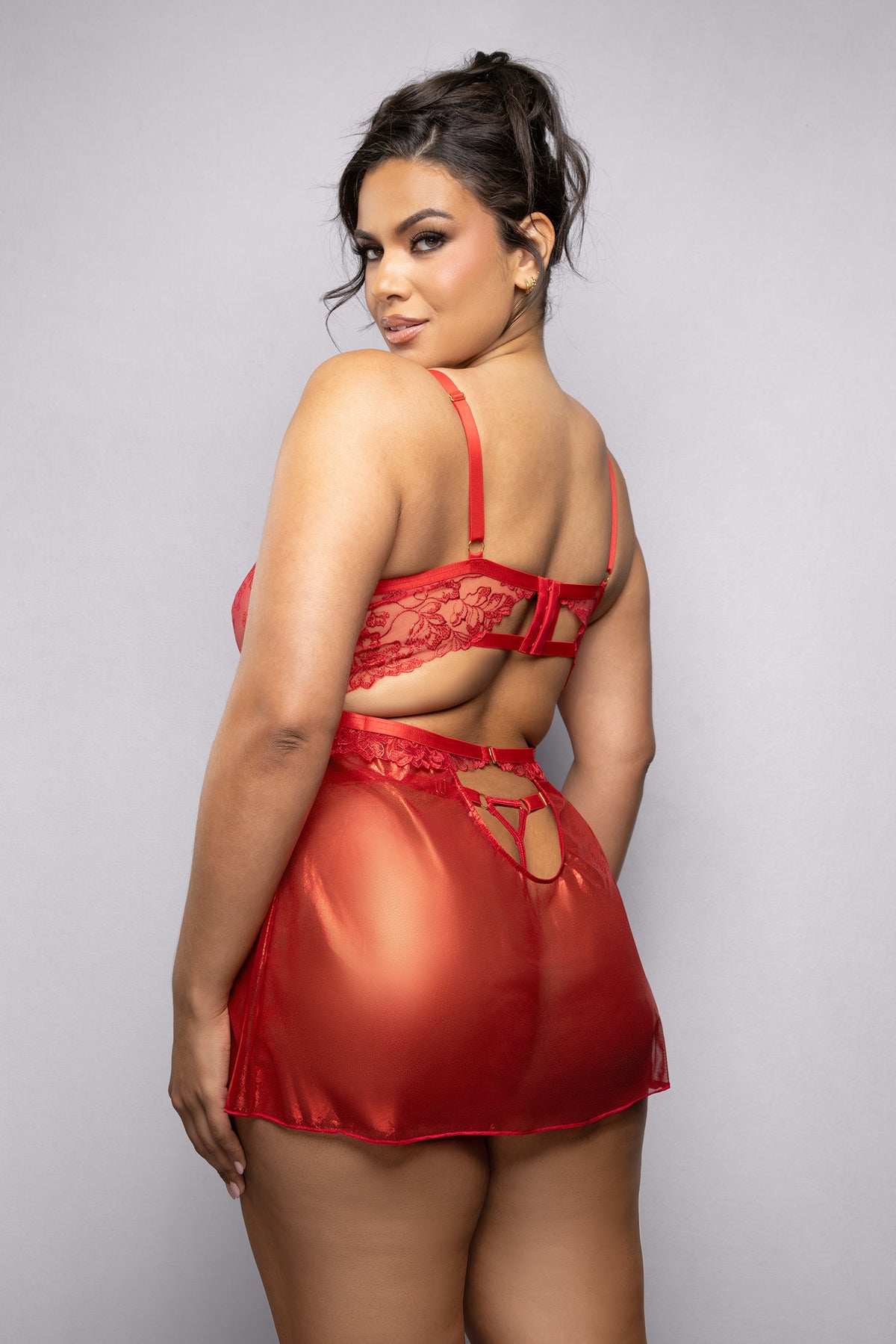 Radiance Ruby Shimmer Lace & Mesh Babydoll Set