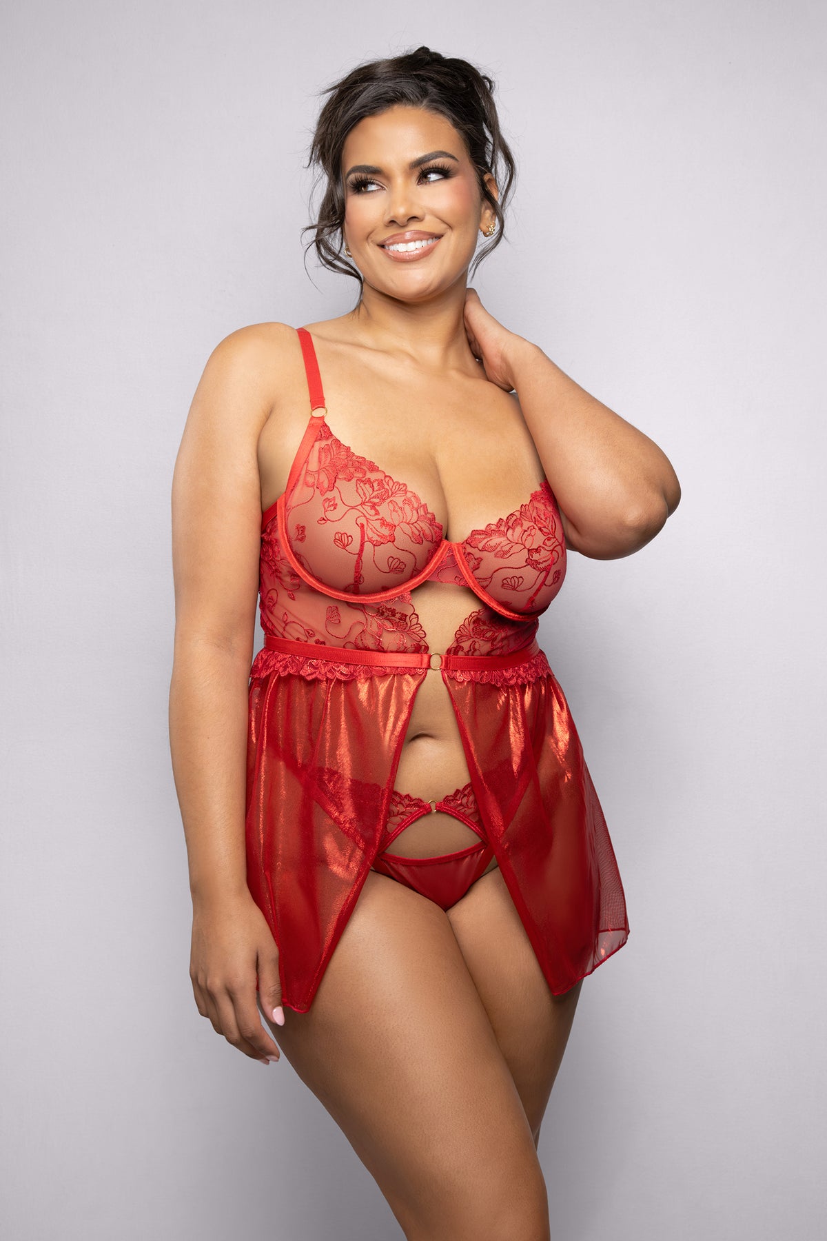 Radiance Ruby Shimmer Lace & Mesh Babydoll Set