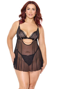 Pleasure Nipple Hardware Chain Sheer Babydoll & G-String Leopard Queen