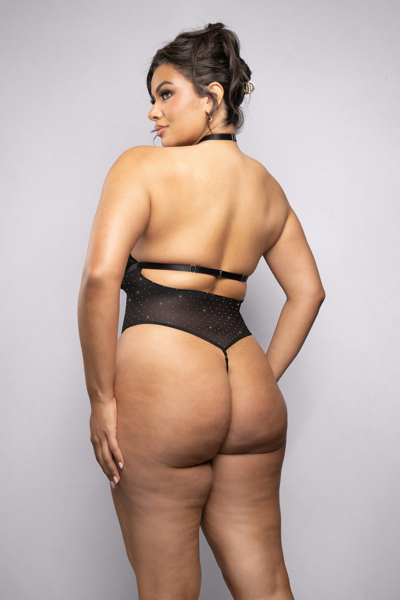 Onyx Rhinestone Sheer Mesh Teddy