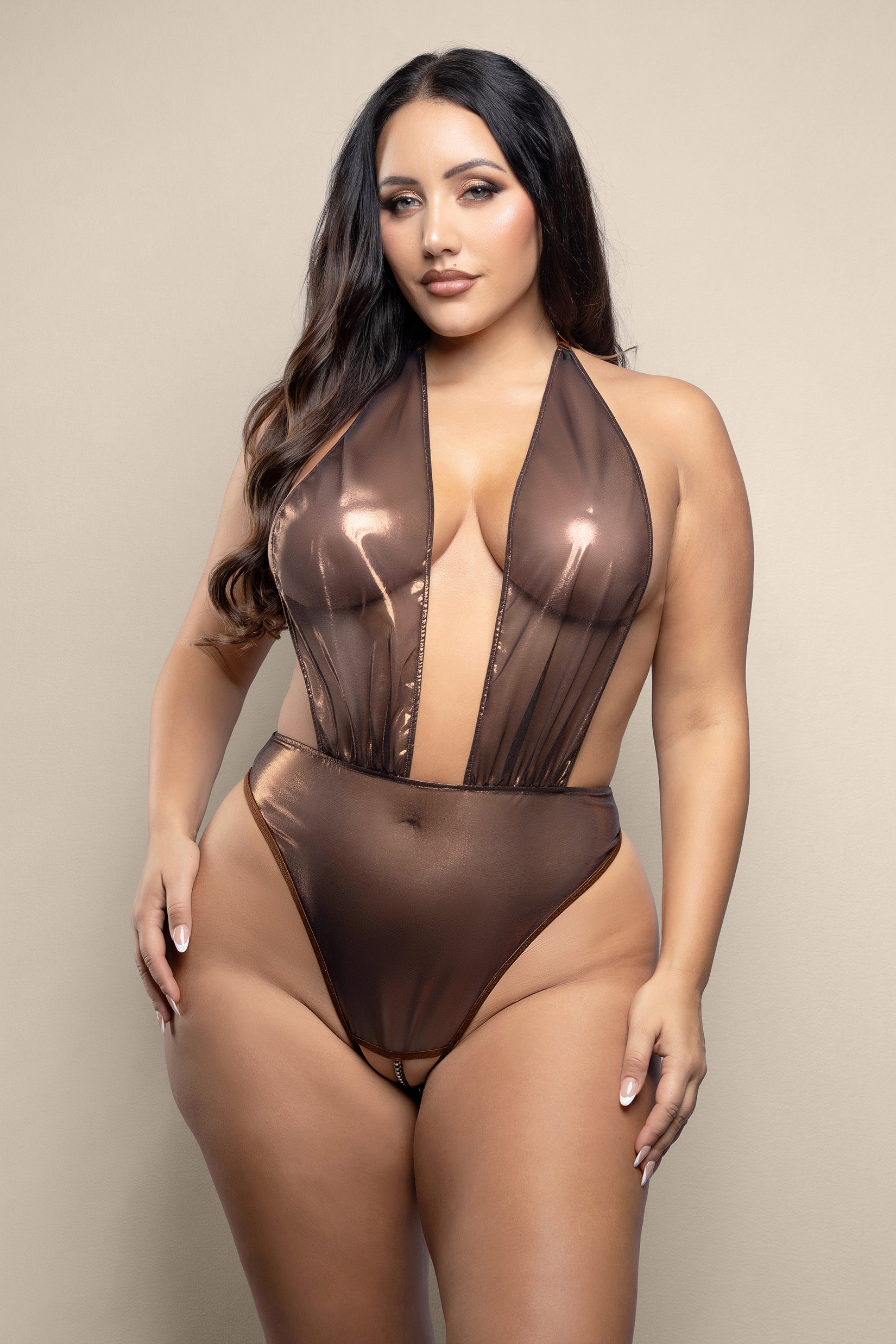 Opulence Crotchless Pearl Plunge Teddy Chocolate Metallic Foil Mesh