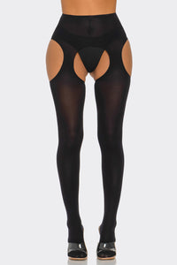 Cotton Peekaboo Tights Bold Cheeky Crotchless Black