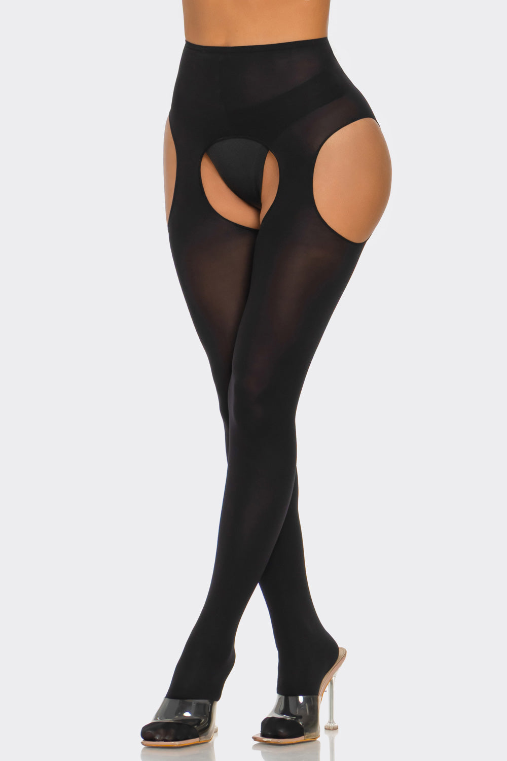 Cotton Peekaboo Tights Bold Cheeky Crotchless Black