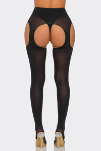 Cotton Peekaboo Tights Bold Cheeky Crotchless Black