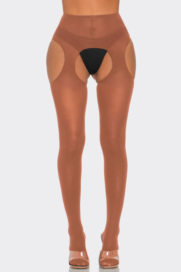 Cotton Peekaboo Tights Bold Cheeky Crotchless Honey Beige