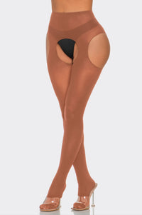 Cotton Peekaboo Tights Bold Cheeky Crotchless Honey Beige