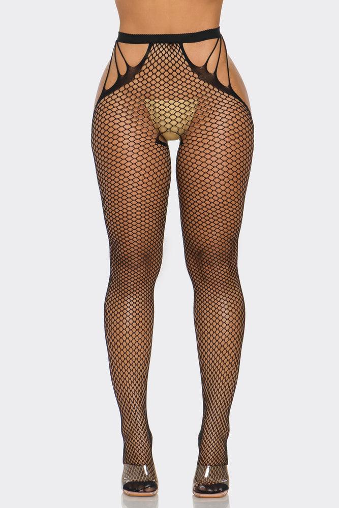 What A Catch Nylon Tights Fishnet Crotchless Black