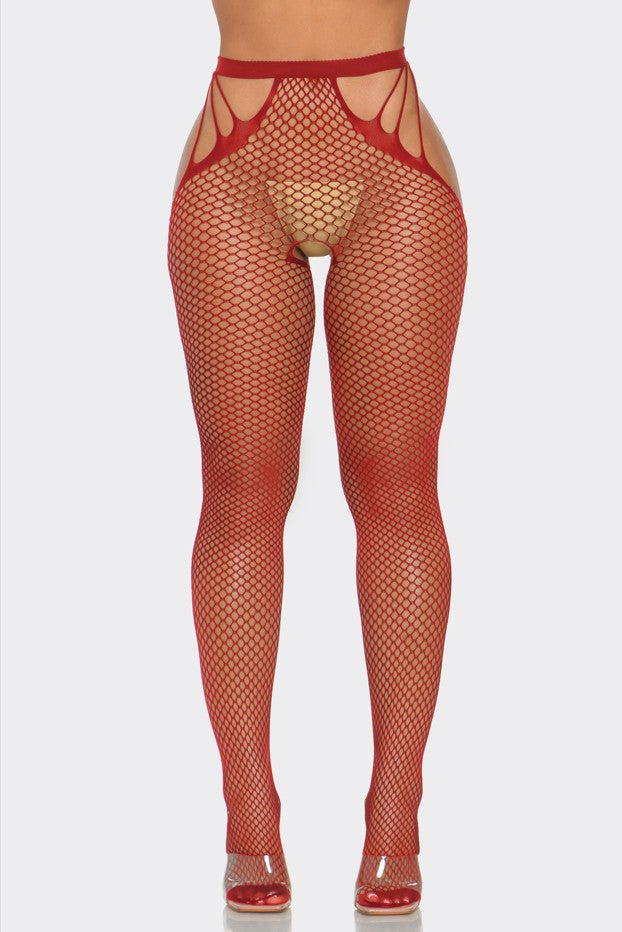 What A Catch Nylon Tights Fishnet Crotchless Red