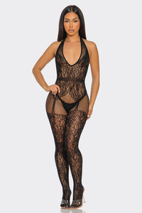 Only For You Bodystocking Garter Style Plunge Neckline