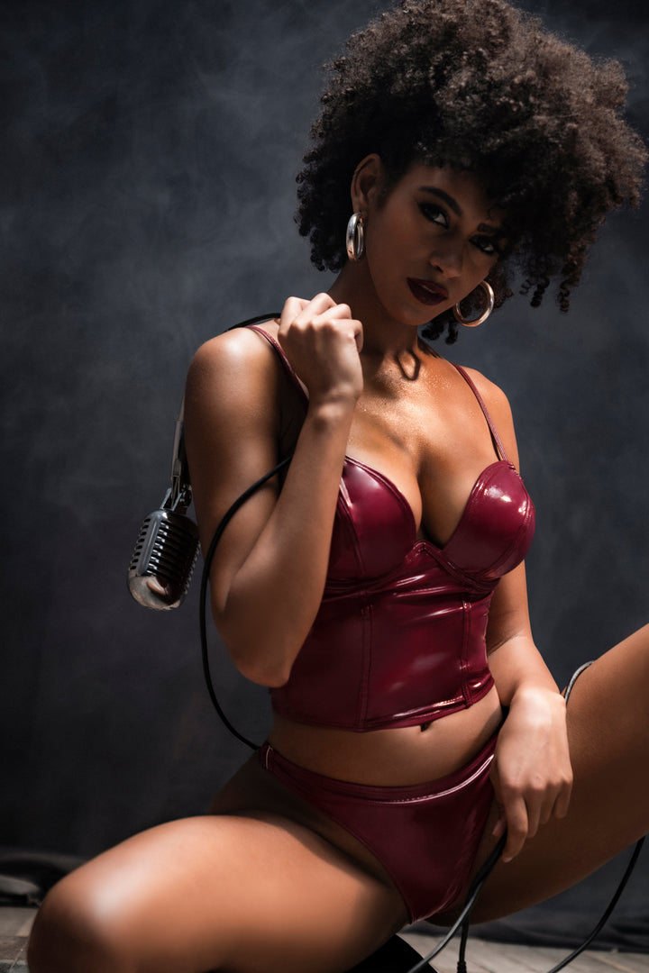 Mapale Iconic Vinyl Underwire Bustier Set Gloss Wine