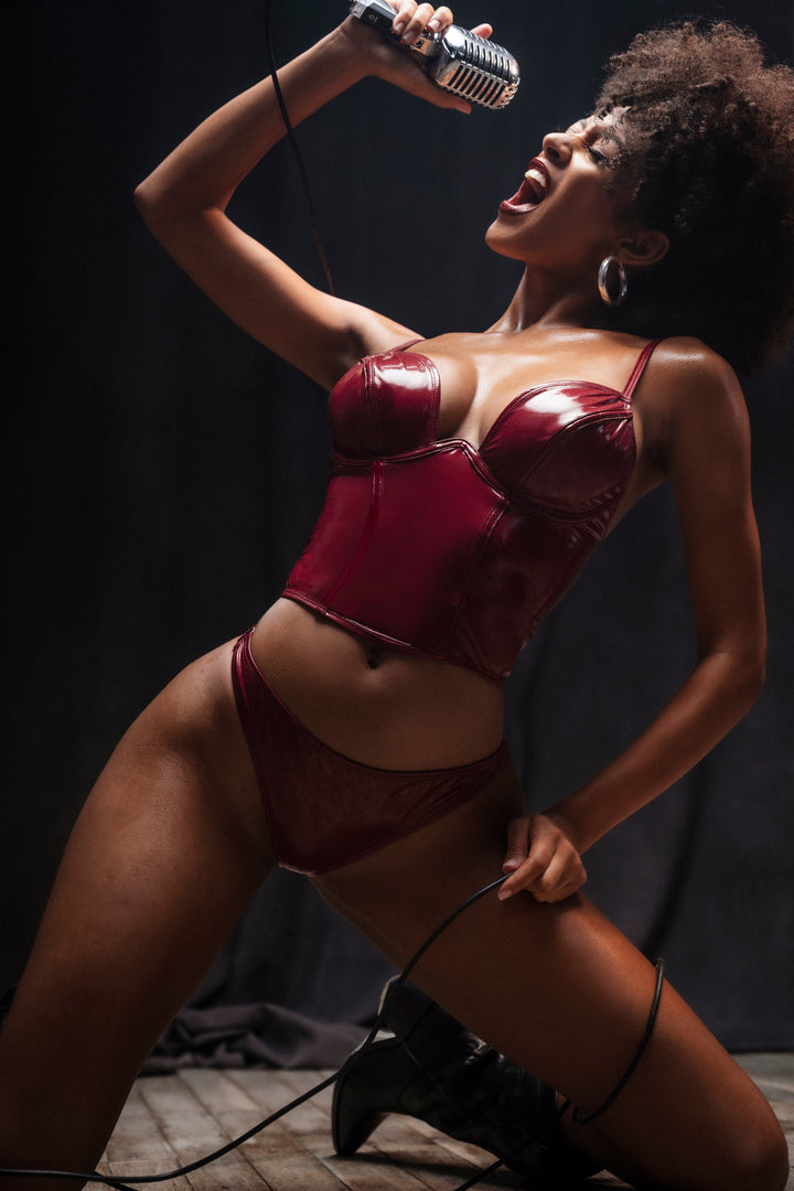 Mapale Iconic Vinyl Underwire Bustier Set Gloss Wine